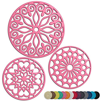 Hot Pink 3 Set Silicone Trivet Mats with 1 Extra Large Included | Intricately Carved Insulated Flexible Durable Non Slip Thick Round Premium Trivets for Hot pots and Pans - color: Pink
