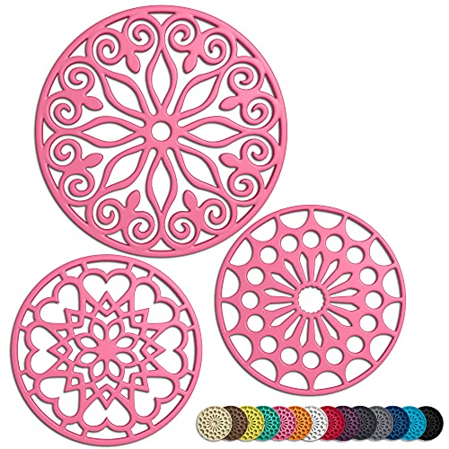 Hot Pink 3 Set Silicone Trivet Mats with 1 Extra Large Included | Intricately Carved Insulated Flexible Durable Non Slip Thick Round Premium Trivets for Hot pots and Pans - color: Pink