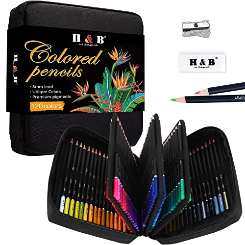H & B 120 Colored Pencils Kit,Oil Based Soft Core, Professional Color Drawing Set with Case Sharpener,Sketching Layering Blending,Art Set & Supplies for Adults Kids Teens Beginner Coloring,Artist's