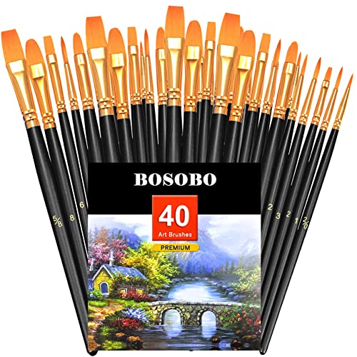 BOSOBO Paint Brushes Set, 4 Pack 40 Pcs Round Pointed Tip Paintbrushes Nylon Hair Artist Acrylic Paint Brushes for Acrylic Oil Watercolor, Face Nail Art, Miniature Detailing & Rock Painting, Black - color: Black, size: 4 Pack