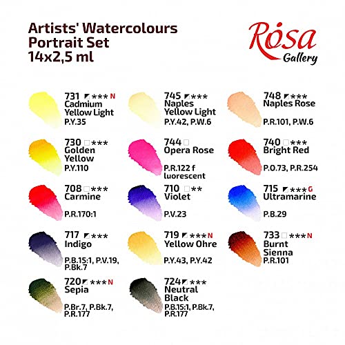 Rosa Gallery Watercolor Paint Set, 'Portrait' palette full pans 14 colors metal case, extra fine professional watercolours
