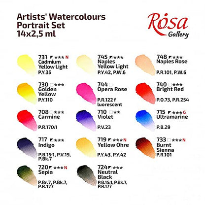 Rosa Gallery Watercolor Paint Set, 'Portrait' palette full pans 14 colors metal case, extra fine professional watercolours