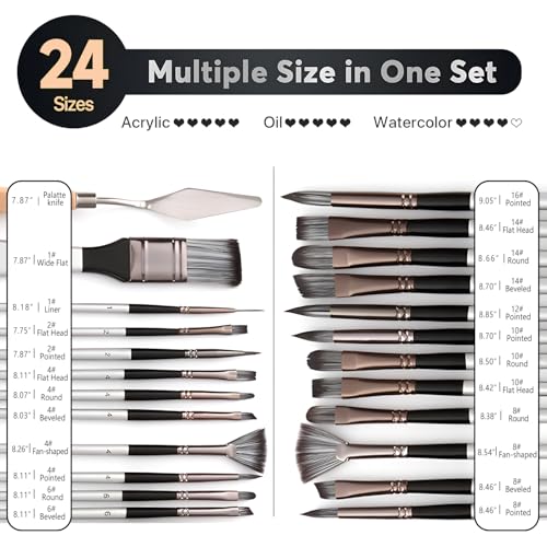 24pcs Paint Brush Set, Expert Series, 23 Different Shapes + Mixing Knife with Cloth Roll Case, Enhanced Synthetic Painting Brushes Set for Acrylic, Watercolor, Oil, Gouache (Grey) - color: Gray