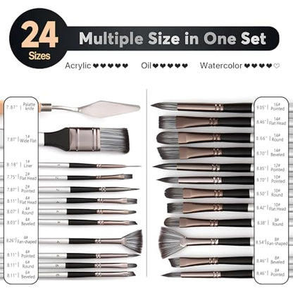 24pcs Paint Brush Set, Expert Series, 23 Different Shapes + Mixing Knife with Cloth Roll Case, Enhanced Synthetic Painting Brushes Set for Acrylic, Watercolor, Oil, Gouache (Grey) - color: Gray