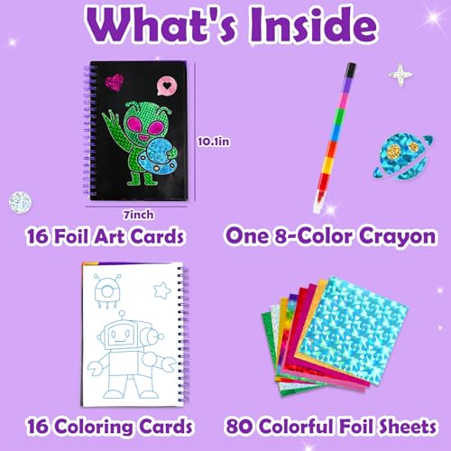 FUNNYB&G Foil Art Craft Kit for Boys 4-10 Years Old: Mess-Free & No-Glue, Create 16 Sparkly Space Pictures – Perfect Travel Toy & Birthday Gift for Kids (Space) - style: Space