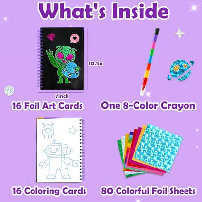 FUNNYB&G Foil Art Craft Kit for Boys 4-10 Years Old: Mess-Free & No-Glue, Create 16 Sparkly Space Pictures – Perfect Travel Toy & Birthday Gift for Kids (Space) - style: Space