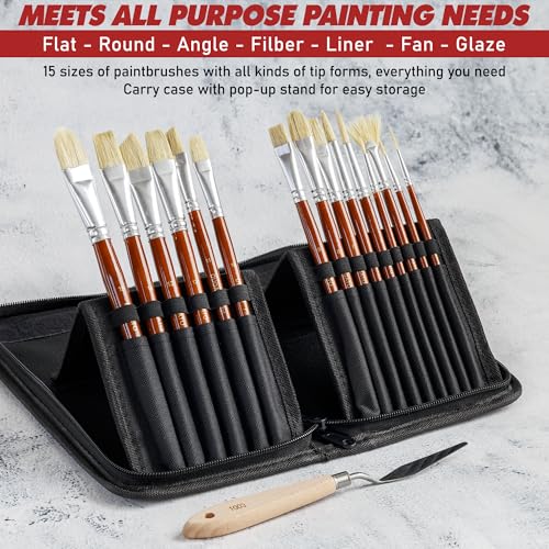 DUGATO Paint Brush Set 15 pc with Pop-Up Case, Palette Knife & Sponges | Short Handle Hog Bristle Brushes for Oil, Acrylic, Gouache, Watercolor, Model & Craft, Includes Mixing Knife & Sponge - color: White Hog Hair - 15pcs