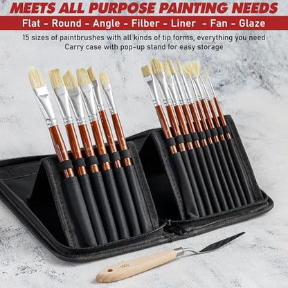 DUGATO Paint Brush Set 15 pc with Pop-Up Case, Palette Knife & Sponges | Short Handle Hog Bristle Brushes for Oil, Acrylic, Gouache, Watercolor, Model & Craft, Includes Mixing Knife & Sponge - color: White Hog Hair - 15pcs