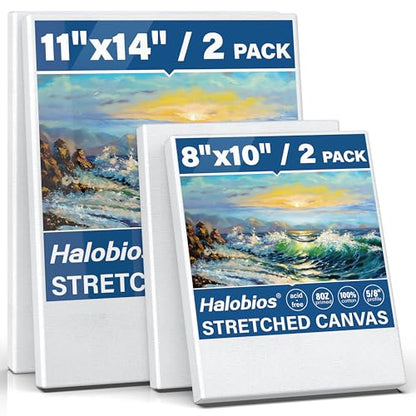 Halobios 4 Packs Blank Canvases for Painting with 8x10in,11x14in(2 of Each), Stretched Canvases for Acrylics, Oils & Other Painting Media, 100% Cotton, 5/8 Inch Profile of Super Value Canvas Pack - size: 4 Pack Mixed - 11×14IN 8×10IN