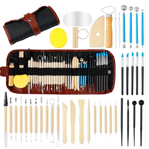 ROLYTA 41PCS Clay Sculpting Tools Kit, Pottery Tools with Organizer Storage Bag, Wooden, Stainless Steel Plastic Clay Tools, Sculpting Tool for DIY Handcraft, Modeling, Ceramic Carving