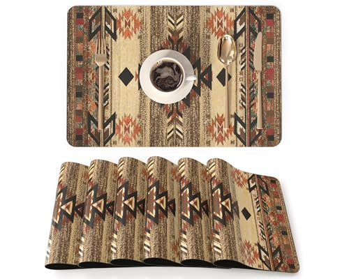 QIYI Placemats Set of 6, 12x18 Inch PU Leather Place Mats for Kitchen Dinning, Heat Resistant Anti Slip Brown Table Mats, Waterproof Wipeable Washable Placemat Party Table Décor, Geometric Motifs - color: Geometric Motifs, size: Set of 6