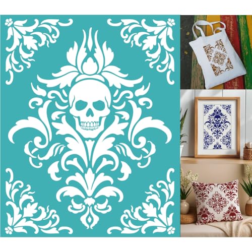 2 Sheets Skull with Floral Silkscreen Stencil, Damask Pattern Painting Stencils Templates Reusable Washable Self-Adhesive Silk Screen for Painting on Bags, Wood, Halloween Decor - style: Skulls with Damask