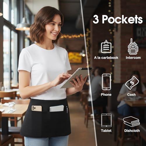 BOHARERS Cotton Server Aprons 3 Pack Waiter Waitress Apron Short Apron with Pockets Restaurant BBQ 12 Inch Black - color: A4-3 Pack Cotton Black