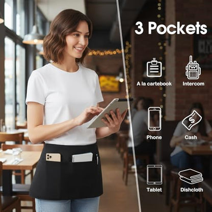 BOHARERS Cotton Server Aprons 3 Pack Waiter Waitress Apron Short Apron with Pockets Restaurant BBQ 12 Inch Black - color: A4-3 Pack Cotton Black