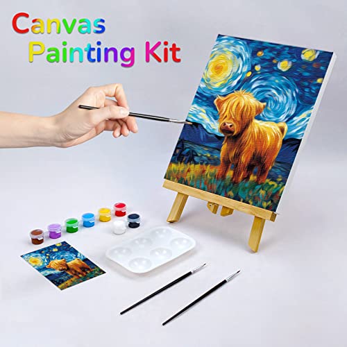 VOCHIC Canvas Painting Kit Pre Drawn Canvas for Painting for Adults Party Kits Paint and Sip Party Supplies 8x10 Canvas to Paint Starry Sky Highland Cow Art Set
