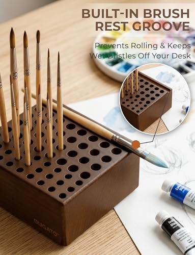 DUGATO Wooden Brush Holder, 59 Hole Desk Organizer with Rest Groove | Tabletop Stand for Paint Brushes, Pencils, Pens & Art Supplies, Built-In Drying Rest, Studio Desktop Rack