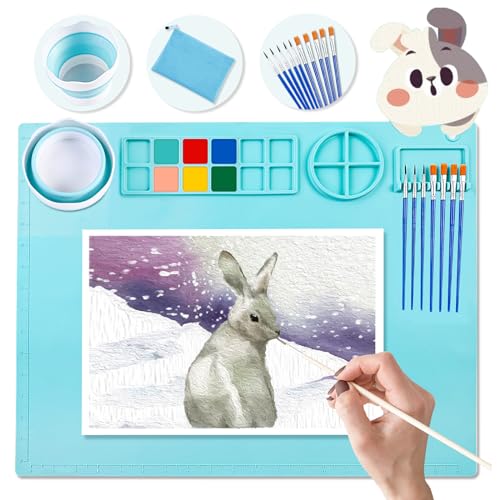 DIYDEC Silicone Craft Mat 20X16 Inch Large Silicone Art mat with Detachable Cup Painting Mat with 10 Painting Brushes Silicone Drawing Mat Sheets for Kids Adult DIY Accessories (Blue) - color: Blue