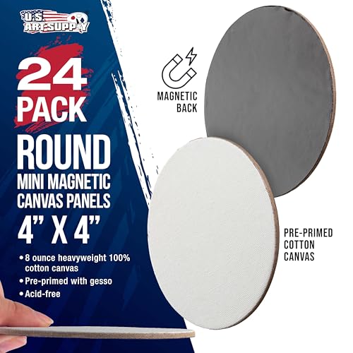U.S. Art Supply Mini Magnetic Canvas Panels, 24 Pack, 4 Inch Round, Primed 8 Ounce Heavyweight Cotton, Small Canvases for Painting Acrylic and Watercolor, White Square Flat Canvas Boards - size: 4"