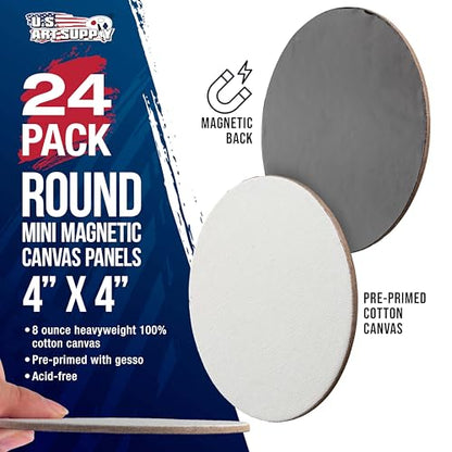 U.S. Art Supply Mini Magnetic Canvas Panels, 24 Pack, 4 Inch Round, Primed 8 Ounce Heavyweight Cotton, Small Canvases for Painting Acrylic and Watercolor, White Square Flat Canvas Boards - size: 4"
