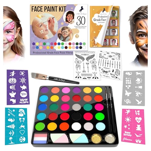 Face Paint Kit for Kids – 30 Vibrant Washable Colors, Non-Toxic & Stain-Free, Paints 60+ Faces, Includes Glitter, Brushes & Stencils – Perfect for Birthdays, Halloween & Parties - size: 120+ Pieces