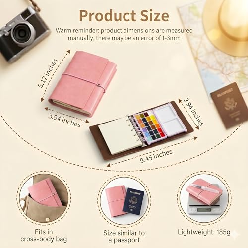 DarkWish Premium Mini Travel Watercolor Sketchbook Set - 24 Colors & Water Brush, PU Leather Urban Sketching Pocket Art Pad with 300gsm Black/White Paper, Plein Air Gift for Adults (Pink) - color: Pink
