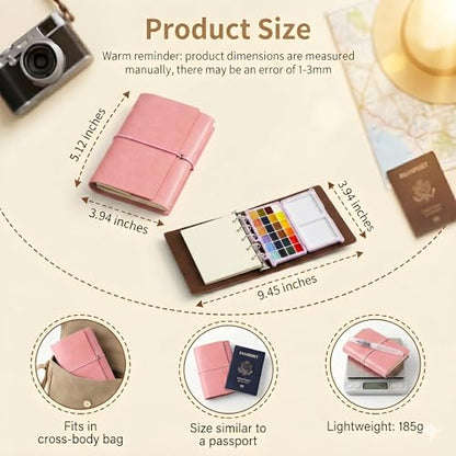 DarkWish Premium Mini Travel Watercolor Sketchbook Set - 24 Colors & Water Brush, PU Leather Urban Sketching Pocket Art Pad with 300gsm Black/White Paper, Plein Air Gift for Adults (Pink) - color: Pink