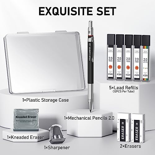 Four Candies 2MM Mechanical Pencil Set with case, Artist Led Pencil Metal Lead Holder with 60PCS Graphite Lead Refill (HB, 2H, 2B, 4B, Color) Kneaded Eraser, Sharpener for Writing, Drawing, Sketching - size: 9 Piece Set