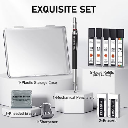 Four Candies 2MM Mechanical Pencil Set with case, Artist Led Pencil Metal Lead Holder with 60PCS Graphite Lead Refill (HB, 2H, 2B, 4B, Color) Kneaded Eraser, Sharpener for Writing, Drawing, Sketching - size: 9 Piece Set