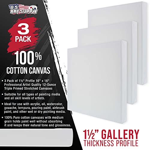 U.S. Art Supply Large Stretched Canvas for Painting 16x16 inch Gallery Depth 1-1/2" Thick, 3-Pack - 12oz Acrylic Gesso Triple Primed, Professional Artist Quality, 100% Cotton - Oil, Pouring Paint - size: 16" x 16"