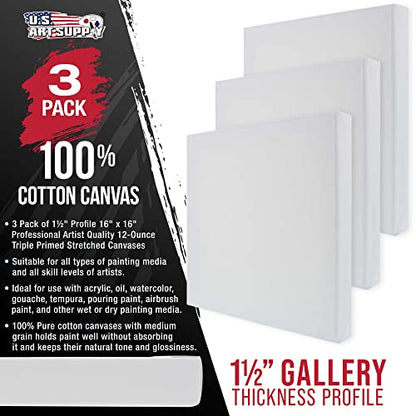 U.S. Art Supply Large Stretched Canvas for Painting 16x16 inch Gallery Depth 1-1/2" Thick, 3-Pack - 12oz Acrylic Gesso Triple Primed, Professional Artist Quality, 100% Cotton - Oil, Pouring Paint - size: 16" x 16"