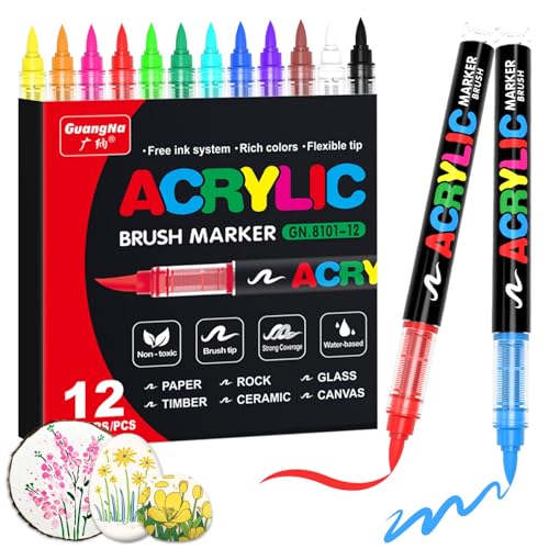 Guangna Acrylic Paint Markers,12 Colors with Direct-Liquid Ink Control System, Professional-Grade Paint Pen for Rock Painting, Canvas, Glass, Plastic, Fabric & Creative Crafts - color: 12 Colors