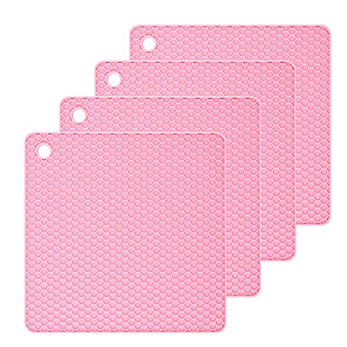 Silicone Trivets Mats Square Silicone Rubber Pot Holder Trivet Mat for Hot Pan and Pot Hot Pads Counter Mat Heat Resistant Tablemat or Placemats 4 Pack,Size:7.5x7.5 Inch, Color: Pink - color: Pink