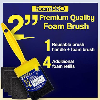 FoamPRO 72-4, 2" Foam Brush with 4 Refills - Premium Quality Paint Brush Set for All Paints, Urethanes, Varnishes, Stains - Effortless Application Foam Brushes - Smooth Finish & Reusable Handles - size: 2 Inch (Pack of 1), style: Brush & 4 Refills