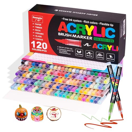 120 Colors Acrylic Paint Markers - Brush Tip Vibrant Acrylic Paint Pens Set for Adult Artists, Brush Markers Set with Storage Case Perfect for Glass Fabric Wood DIY Crafts Art Supplies - color: 120 Colors