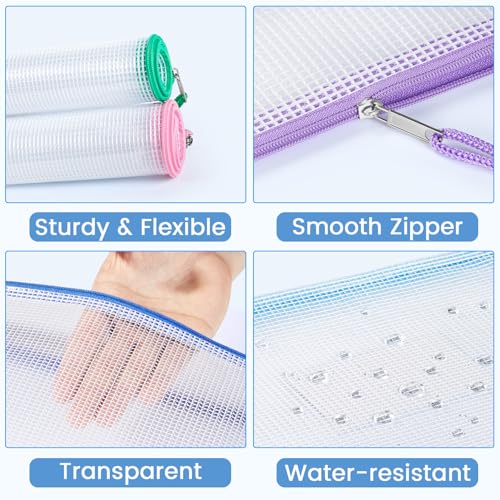 Sooez 14 Pack Mesh Zipper Pouch Bags, A4 Letter Size, Zipper Bags with Label Pocket, Waterproof Bag for Classroom Organizer, School Office Teacher Supplies, Storage Pouches for Board Game Toy Storage - style: 14 Pack