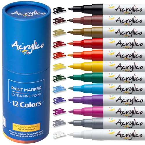 Acrylic Paint Markers Set – 12 Acrylic Paint Pens for Fabric, Metal, Rock Painting & Ceramic – Art Supplies for Adults & Kids - size: Fine Tip (Pack of 12)