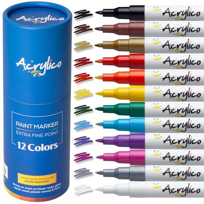 Acrylic Paint Markers Set – 12 Acrylic Paint Pens for Fabric, Metal, Rock Painting & Ceramic – Art Supplies for Adults & Kids - size: Fine Tip (Pack of 12)