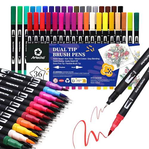 Artecho 36 Colors Markers for Adult Coloring Books, Dual Tip Markers for School, Fine and Brush Tip for Adults Coloring Books, Calligraphy, Drawing, Sketching - style: 36 colors