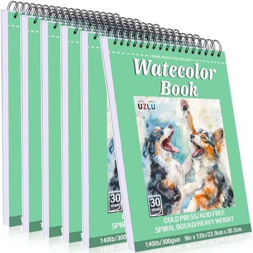6 Pack Watercolor Paper Pad, 9x12 Inch Water Color Paper, 140lb/300gsm, Cold Press, Acid-Free, 180 Sheets Spiral Bound Watercolor Paper Pad for Wet & Dry Media, Ideal for Adults Artists - size: 9x 12 in