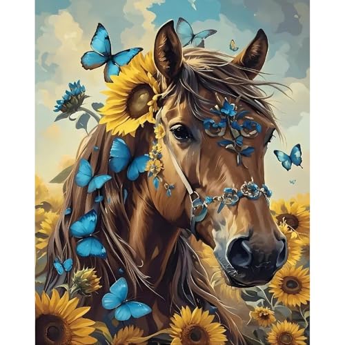 askkqtx Horse Paint by Numbers Kit for Adults, Sunflowers and Butterflies Paint by Numbers for Beginner, DIY Oil Painting by Number on Canvas for Home Decor Gifts 16x20 Inch - color: Flowers- MT22409