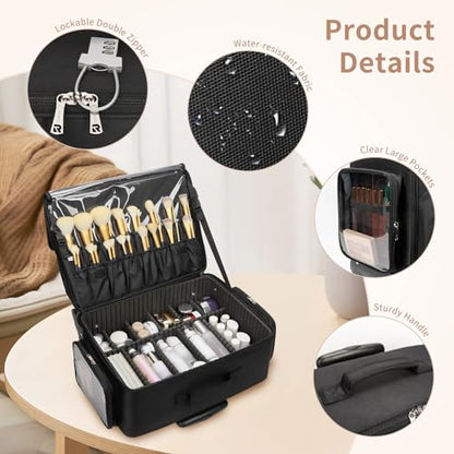 Bagmoly Rolling Makeup Case with 8 Removable Makeup Bags, Makeup Train Case on Wheels Cosmetology Case, Professional Makeup Artist Set Bags Trolley Suitcase Makeup Cart with Adjustable Dividers - color: 03-Black with 8 clear makeup bags