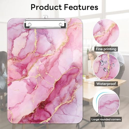 Plastic Cute Clipboard Low-Profile Metal Clip, A4 Letter Size 9 x 12.5 in, 8.5 x 11 Paper Clip Board for Teachers, Nurses, Classroom,Pink Marble - color: Pink Marble