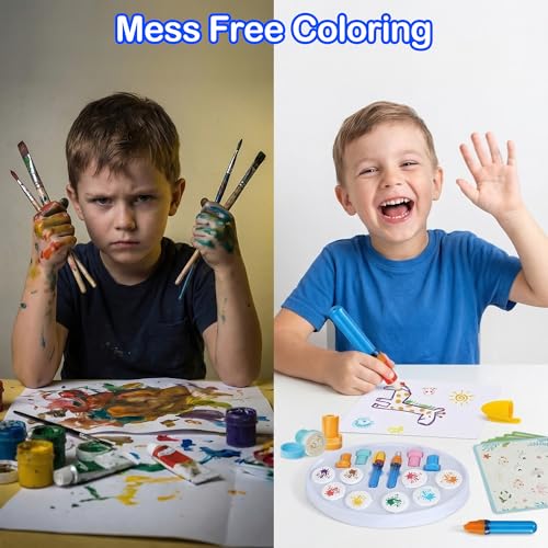 Mess Free Painting Set for Toddlers, Multi-Functional Art Station with Replaceable Brush Heads Magic Pen & Stamps, Sensory Toddler Arts and Crafts Gifts for 3-9 Year Old Girls Boys, Classroom & Group