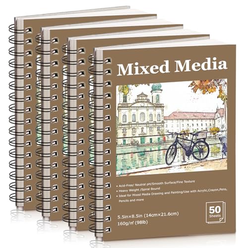 4 Pack Mixed Media Sketchbook, 5.5x8.5 inches Drawing Paper Sketch Book, 98lb/160gsm Heavyweight Spiral Bound Sketch Pads, Suitable for Artist, Drawing, Painting, Sketching(200 Sheets) - color: landscape, size: 5.5 x 8.5 inch (4 pack)