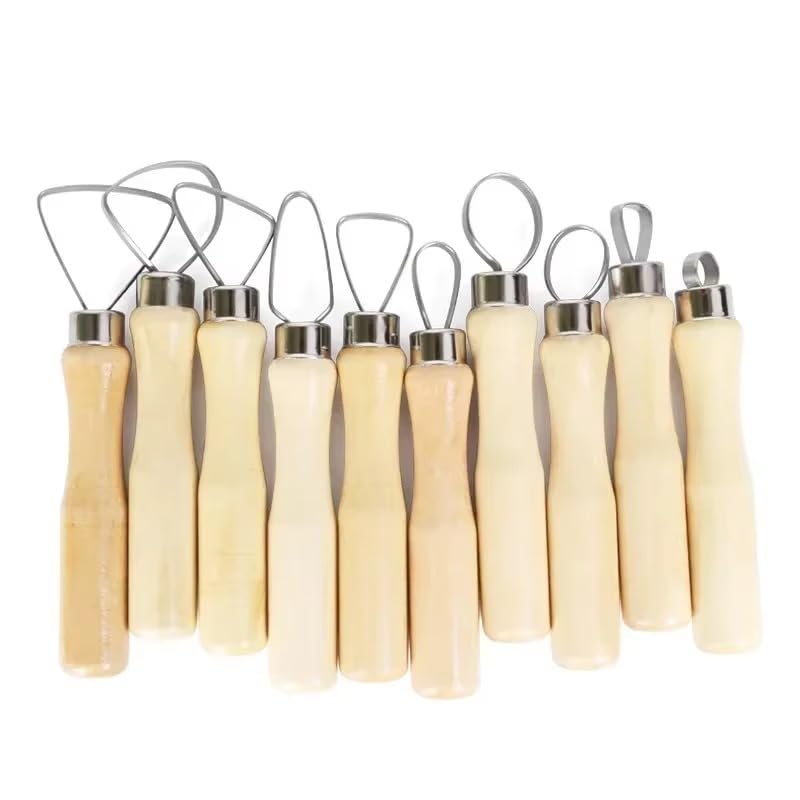 Lagnlnaoy 10Pcs Pottery Clay Sculpture Loop Tool Wood Handle Ceramics Sculpting Tools Stainless Steel Clay Pottery Sculpting Flat Wire Kit