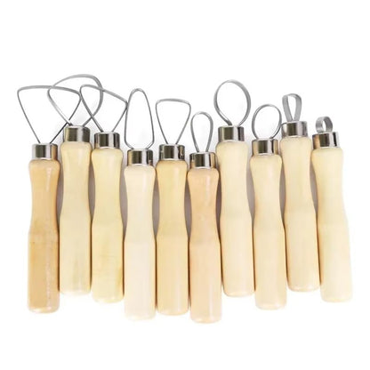 Lagnlnaoy 10Pcs Pottery Clay Sculpture Loop Tool Wood Handle Ceramics Sculpting Tools Stainless Steel Clay Pottery Sculpting Flat Wire Kit