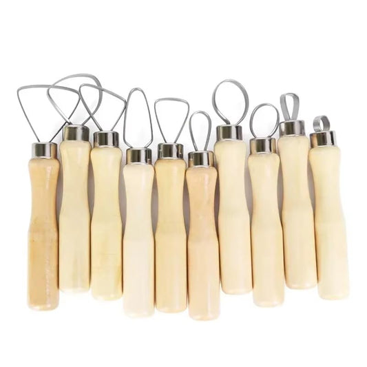 Lagnlnaoy 10Pcs Pottery Clay Sculpture Loop Tool Wood Handle Ceramics Sculpting Tools Stainless Steel Clay Pottery Sculpting Flat Wire Kit