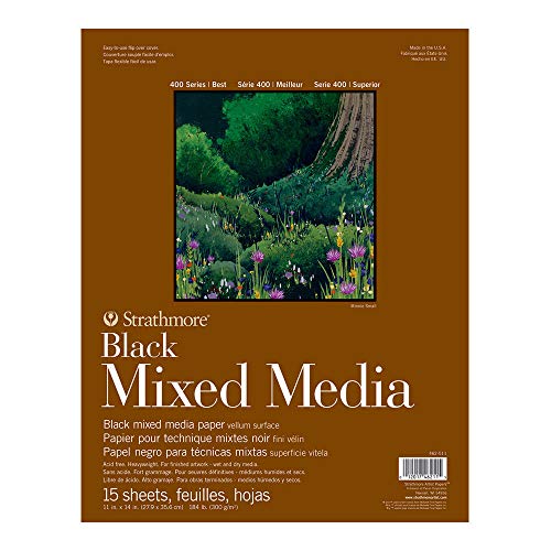 Strathmore 400 Series Mixed Media Paper, Black, Glue Bound Pad, 11x14 inches, 15 Sheets (184lb/300g) - Artist Paper for Adults and Students - Watercolor, Gouache, Graphite, Ink, Pencil, Marker - color: Black, size: 11 x 14 inches