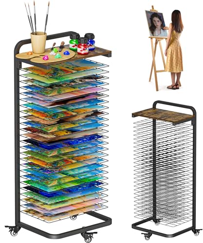 mocomax Art Drying Rack with Top Board, Mobile Painting Drying Stand with 25 Removable Shelves, Functional Art Canvas Storage Rack with Lockable Wheels for Classrooms & Art Studios, Black - color: Black, size: 25 Shelf with Board