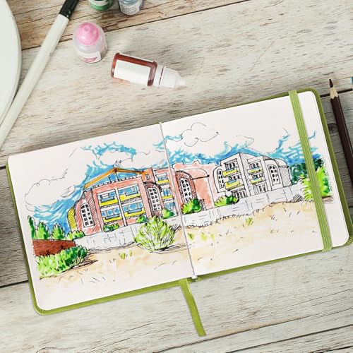 Prudiut 5" x 5" Hardcover Pocket Sketchbook, 80 Sheets, Emerald Green | 160gsm acid-free paper, elastic closure, ribbon bookmark, compact travel size for sketching on the go - color: Emerald Green